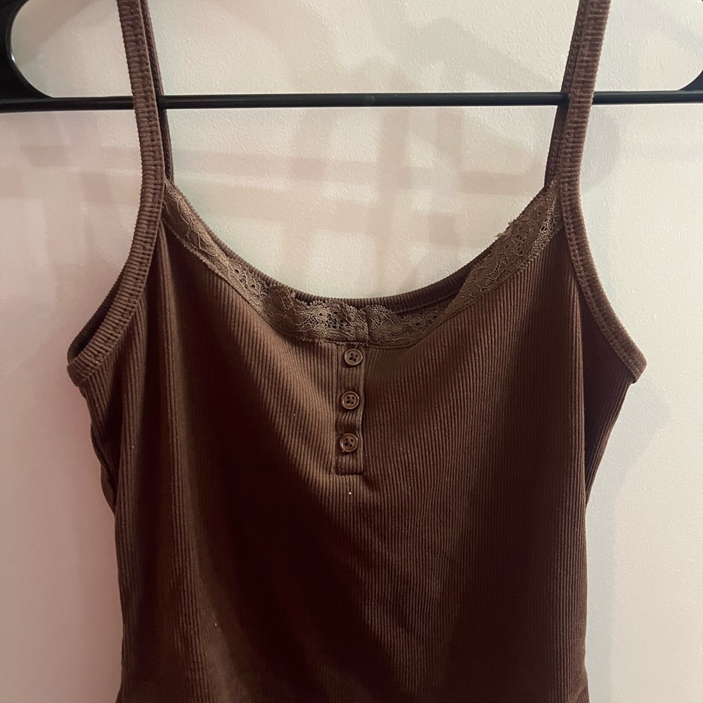 Brown Lace Trim Ribbed Tank Top